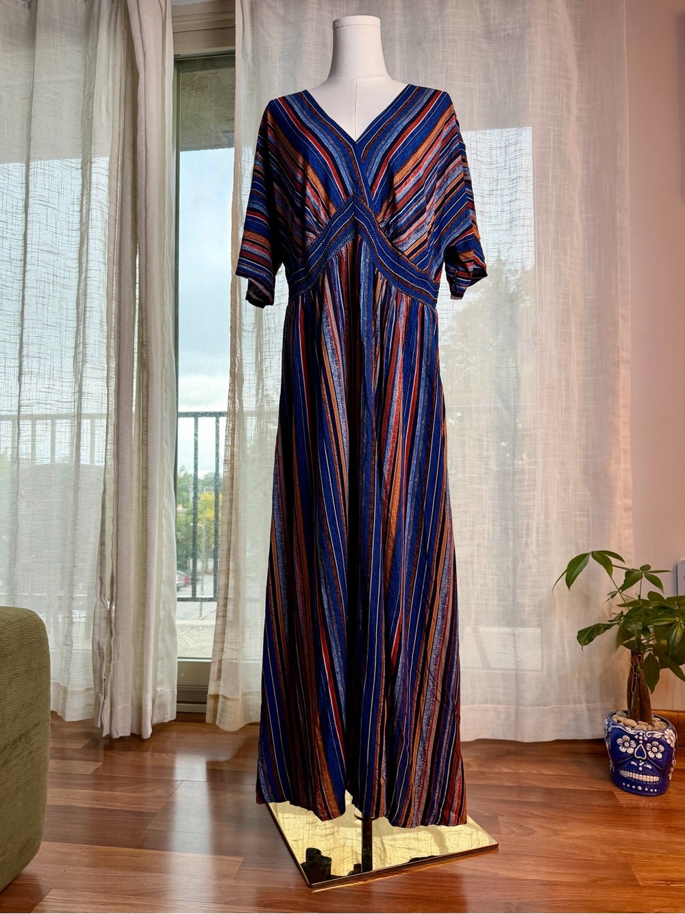 BloomChic Striped V-Neck Maxi Dress - Blue & Rust